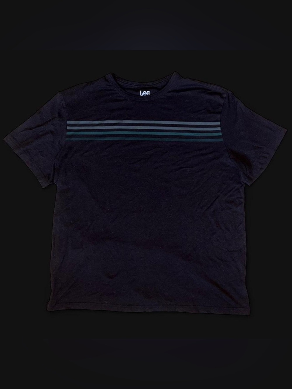 Lee Men’s Black Short-Sleeve Crewneck T-Shirt with Navy and Gray Chest Stripes